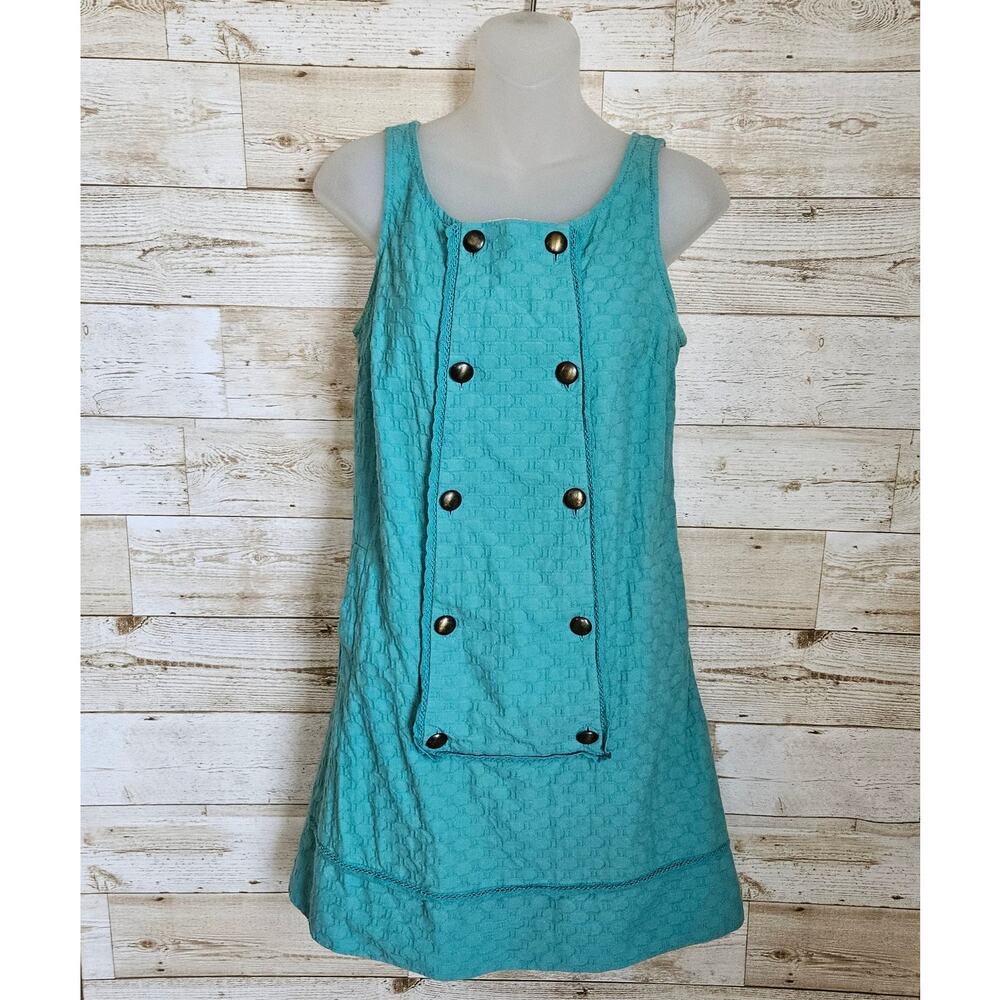 Anthropologie Maeve Aqua Carrillo Shift Apron Dress Size 2 Small Buttons Cotton